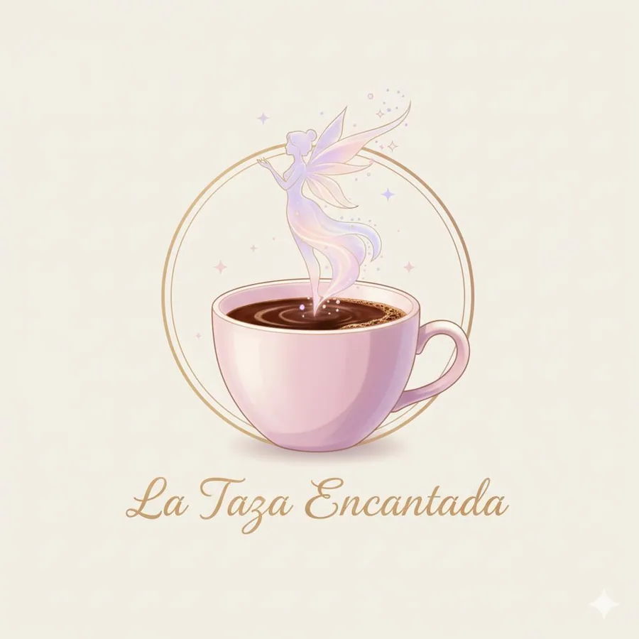Logo de La Taza Encantada: un hada surge de una taza de café rosada.