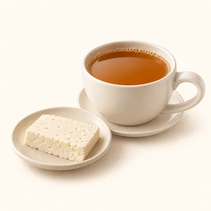 Aguapanela ámbar en taza crema con plato, acompañada por una porción de queso blanco en un plato aparte.