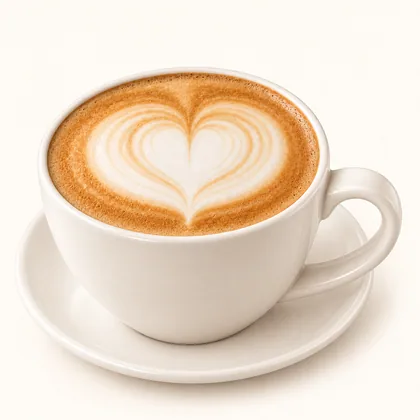 Café latte con arte de corazón servido en taza crema sobre un plato pequeño.