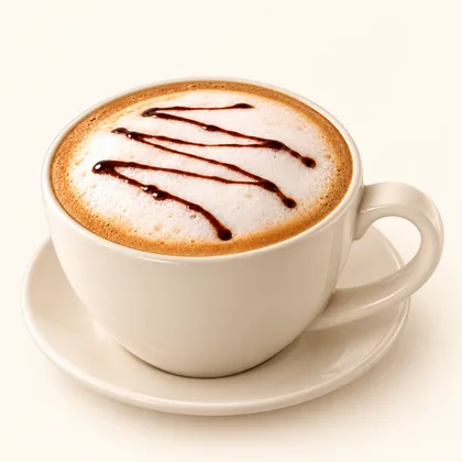 Cappuccino con espuma y salsa de chocolate servido en taza crema sobre un plato pequeño.