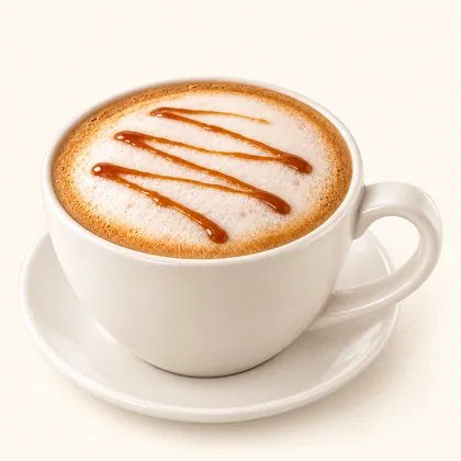Capuchino con espuma y líneas de arequipe servido en taza crema sobre un plato pequeño.