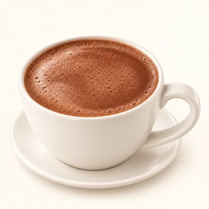 Chocolate caliente cremoso servido en taza crema sobre un plato pequeño.