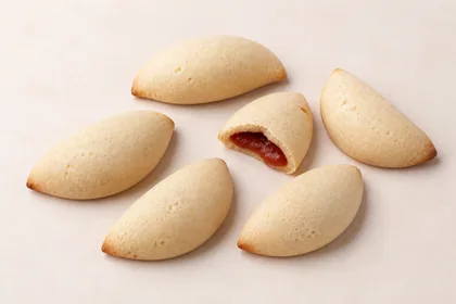 Seis empanadas de Cambray horneadas con forma de media luna; una abierta deja ver su relleno rojo.