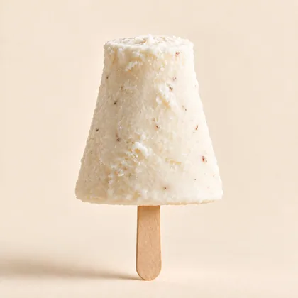 Helado casero de coco, angosto arriba y ancho en la base, servido sobre un palito de madera.