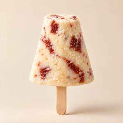 Helado casero de queso con trozos y vetas de bocadillo, angosto arriba y ancho en la base.