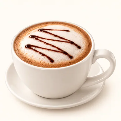 Mocaccino con espuma y líneas de chocolate servido en taza crema sobre un plato pequeño.