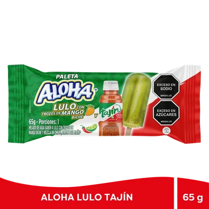 Empaque oficial de Paleta Aloha Lulo con mango biche y Tajín.