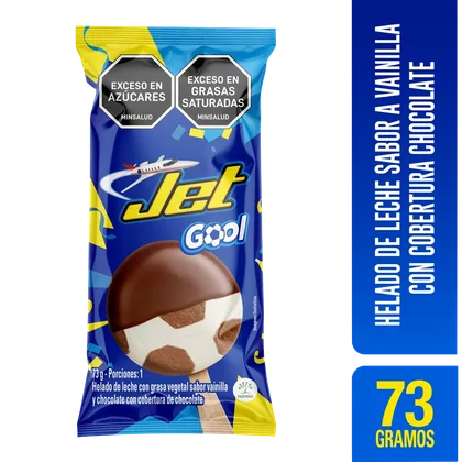 Empaque oficial azul de Paleta Jet Gool sabor vainilla y chocolate.