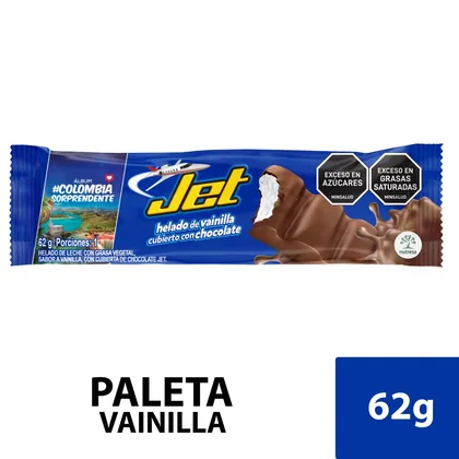 Empaque oficial azul de Paleta Jet de vainilla cubierta con chocolate.